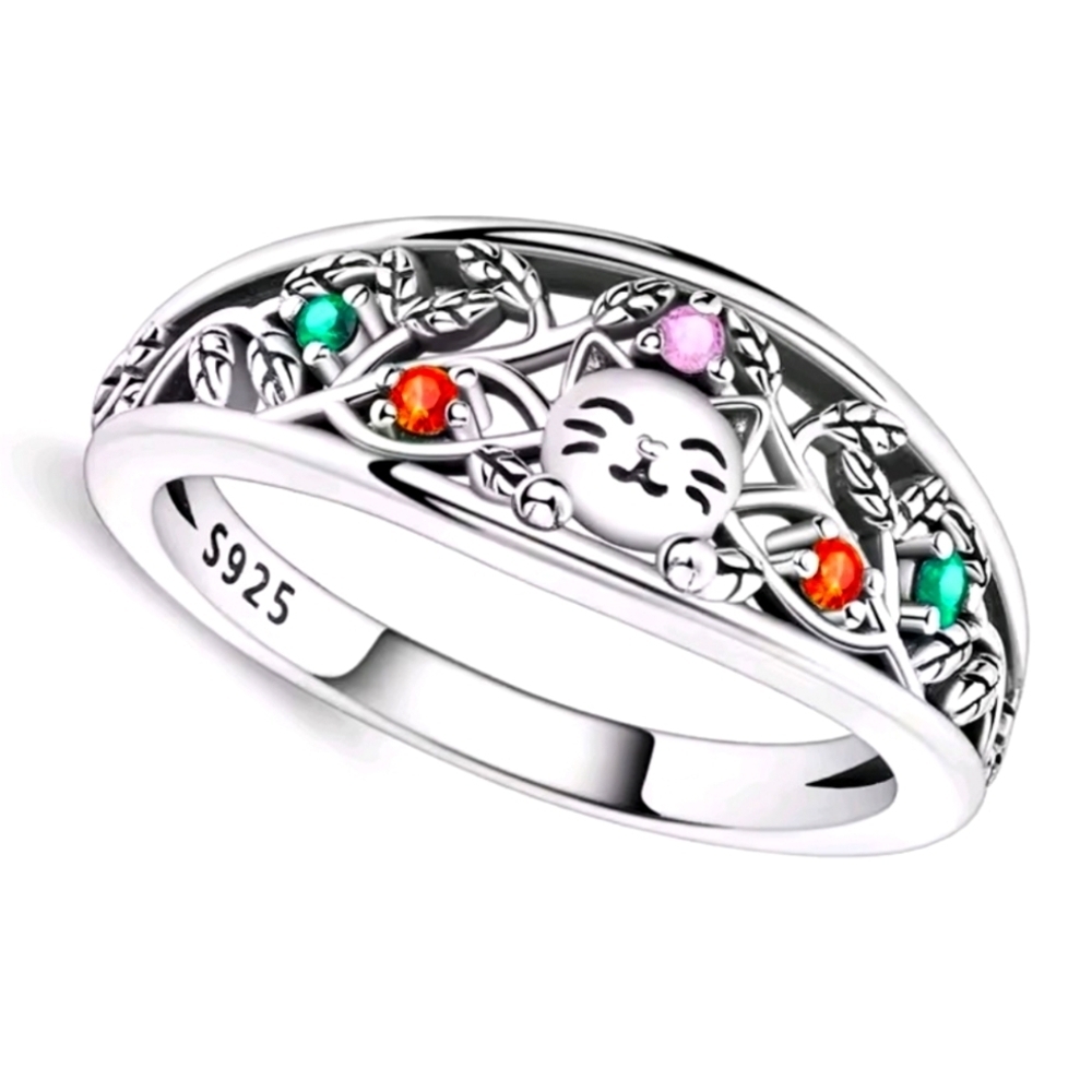 Sterling Silver Cat Ring with Multicolor Accents Sz 7